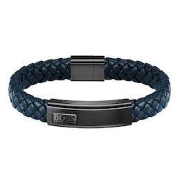 BOSS LANDER Men's Blue Leather Braided Bracelet