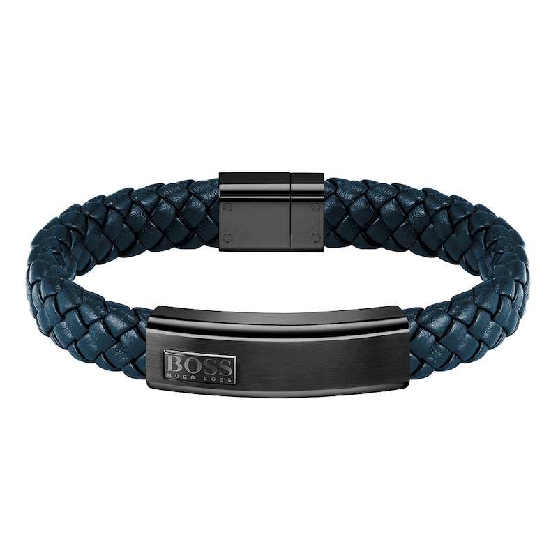 BOSS Lander Men's Blue Leather Braided 7 Inch Bracelet