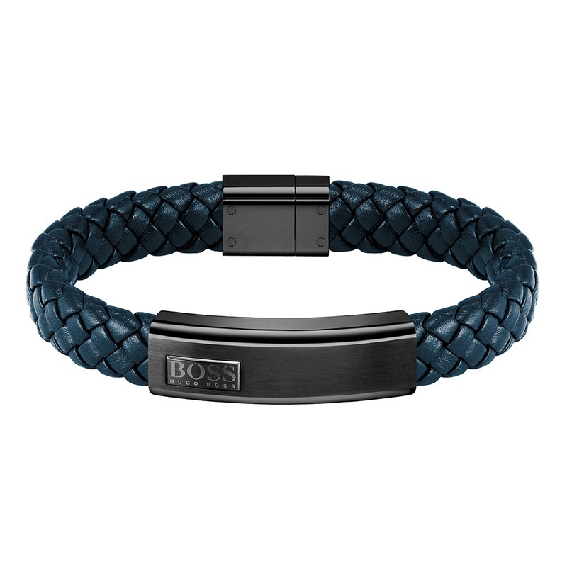 BOSS Lander Men's Blue Leather Braided 7 Inch Bracelet