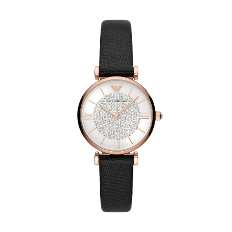 Emporio Armani Ladies' Crystal Dial Black Leather Strap Watch