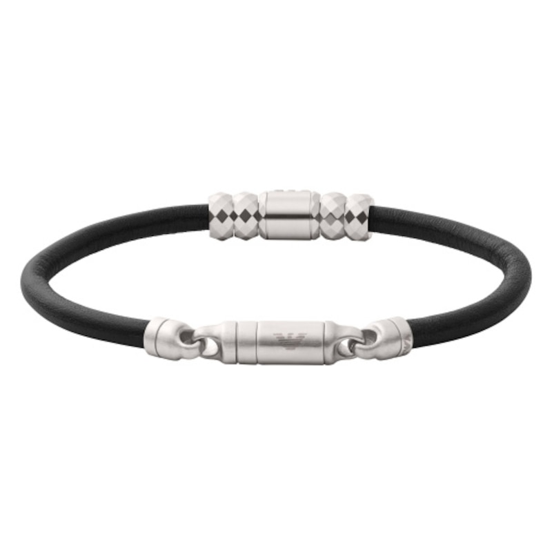 Emporio Armani Men's Black Leather & Stainless Steel 7 Inch Bracelet