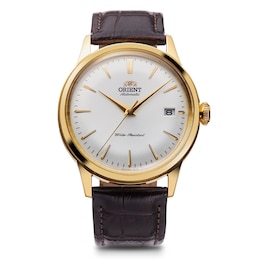 Orient Bambino Classic White Dial Yellow Gold IP Brown Leather Strap Watch