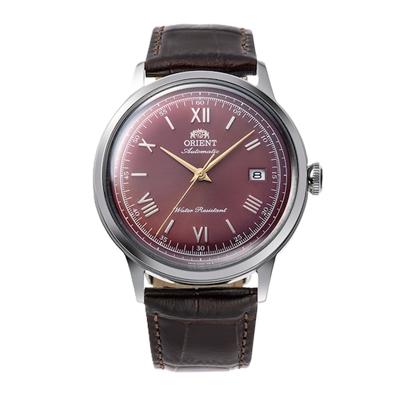 Men's Orient Bambino Burgundy Dial Brown Leather Strap Watch