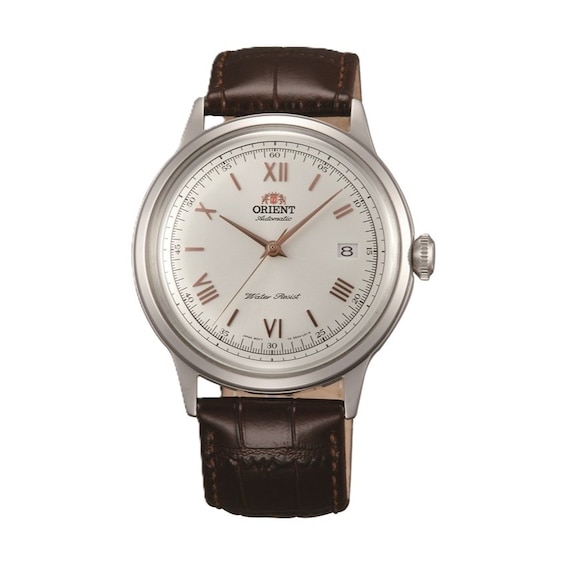 Men's Orient Bambino 40.5Mm White Dial Brown Strap Watch