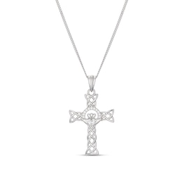 Sterling Silver 18" Celtic Claddagh Cubic Zirconia Cross Shaped Pendant