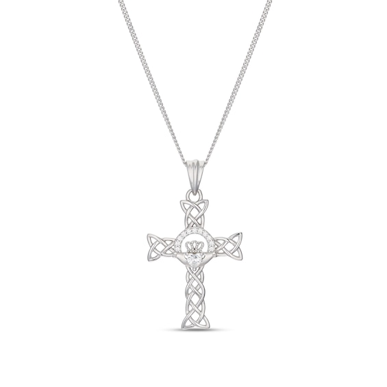 Sterling Silver 18" Celtic Claddagh Cubic Zirconia Cross Shaped Pendant