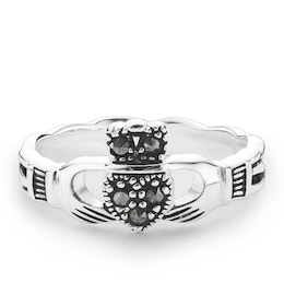 Sterling Silver Oxidised Marcasite 5-Stone Claddagh Ring