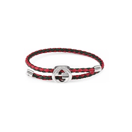 Gucci Web Sterling Silver Red & Green Leather Woven Bolo Bracelet