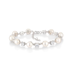 Sterling Silver Cultured Freshwater Pearl Cubic Zirconia Station Bracelet