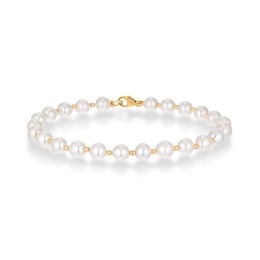 9ct Yellow Gold Cultured Freshwater Pearl Alternating Beaded Strand Bracelet
