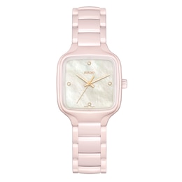 Rado True Square Diamond Mother Of Pearl Dial & Pink Ceramic Bracelet Watch