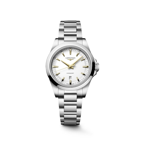 Women's Longines Conquest 30Mm White Sandblasted Dial & Stainless Steel Watch