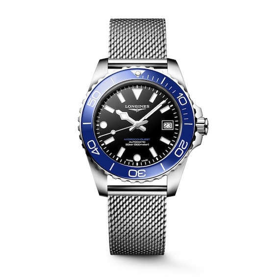 Men's Longines Hydroconquest 39Mm Black Dial & Ceramic Mesh Stainless Steel Watch