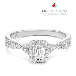 Engagement Ring Arctic Light Platinum Emerald Shaped Twisted Halo 0.50ct Diamond Ring