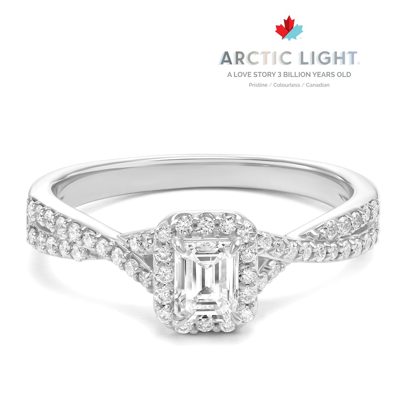 Main Image 1 of Engagement Ring Arctic Light Platinum Emerald Shaped Twisted Halo 0.50ct Diamond Ring