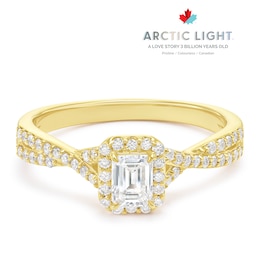 Engagement Ring Arctic Light 18ct Yellow Gold Emerald Shaped Twisted Halo 0.50ct Diamond Ring