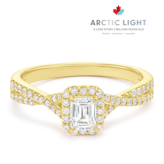 Engagement Ring Arctic Light 18ct Yellow Gold Emerald Shaped Twisted Halo 0.50ct Diamond Ring