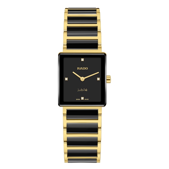 Women's Rado Integral 23Mm Black Diamond Dial & Yellow Gold Pvd Ceramic Watch