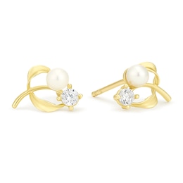 9ct Yellow Gold Cultured Freshwater Pearl Cubic Zirconia Flower Stud Earrings