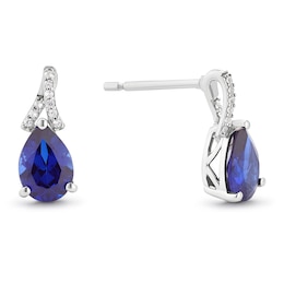 Sterling Silver Blue & White Created Sapphire Pear & Round Drop Earrings
