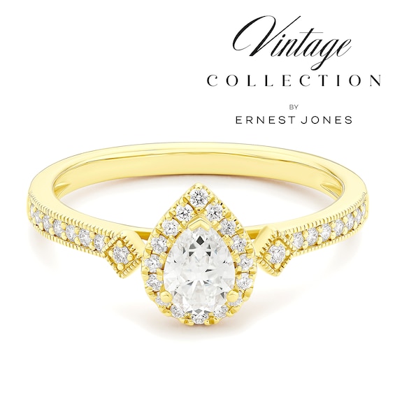 Engagement Ring 14ct Yellow Gold Old Mine Cut Pear Shaped Halo 0.45ct Diamond Ring