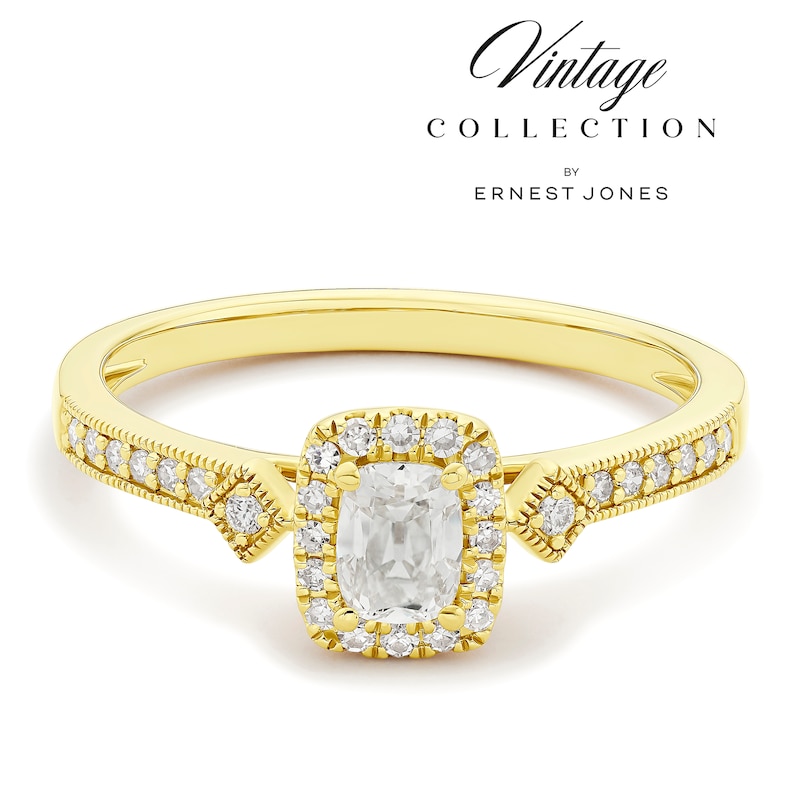 Main Image 1 of Engagement Ring 14ct Yellow Gold Old Mine Cut Cushion Halo 0.42ct Diamond Ring