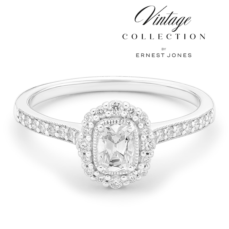 Main Image 1 of Engagement Ring Platinum Old Mine Cut Cushion Halo 0.50ct Diamond Ring