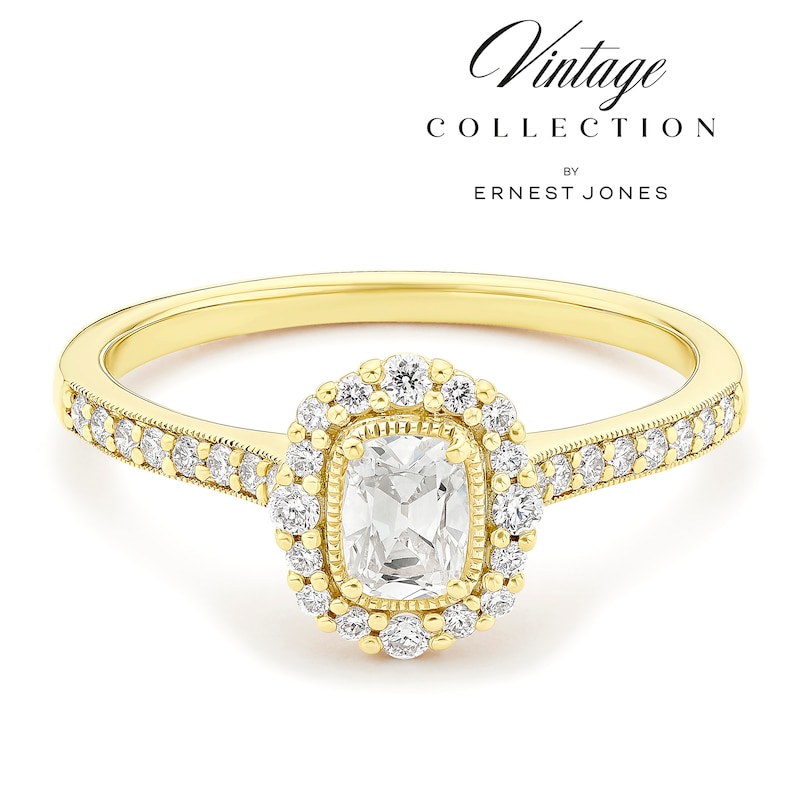 Main Image 1 of Engagement Ring 14ct Yellow Gold Old Mine Cut Cushion Halo 0.50ct Diamond Ring