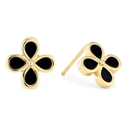 9ct Yellow Gold Black Onyx Clover Stud Earrings