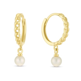 9ct Yellow Gold Cultured Freshwater Pearl Drop Hoop Earrings
