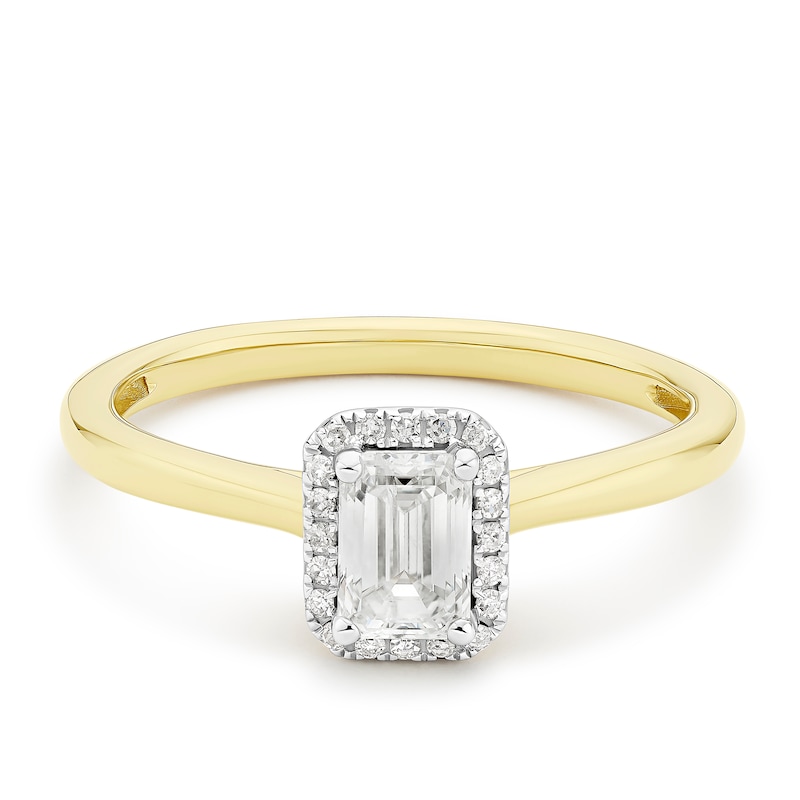 Main Image 1 of Engagement Ring 9ct Yellow Gold Emerald Shaped Halo 0.50ct Diamond Ring