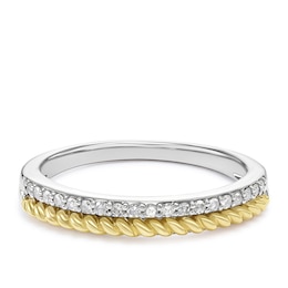 Sterling SIlver & 9ct Yellow Gold 0.10ct Diamond Two Row Ring