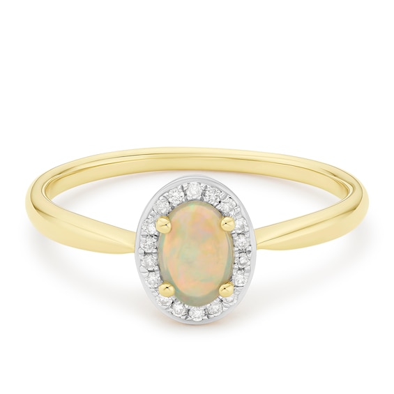 9ct Yellow Gold White Opal & Diamond Oval Shaped Halo Ring