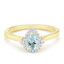 Engagement Ring 9ct Yellow Gold Blue Aquamarine & Diamond Pear Shaped Ring