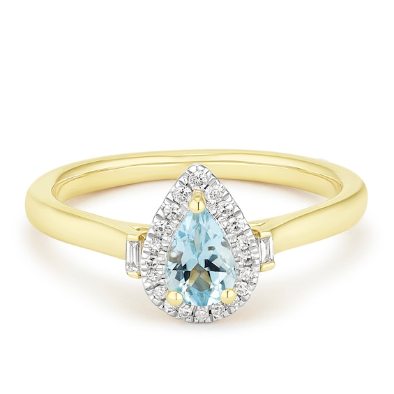 Engagement Ring 9ct Yellow Gold Blue Aquamarine & Diamond Pear Shaped Ring