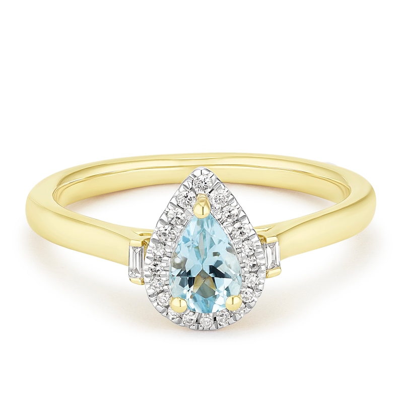 Main Image 1 of Engagement Ring 9ct Yellow Gold Blue Aquamarine & Diamond Pear Shaped Ring
