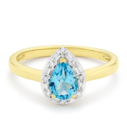Engagement Ring 9ct Yellow Gold Swiss Blue Topaz & 0.12ct Diamond Pear Shaped Ring