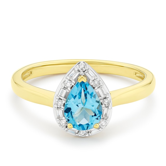 Engagement Ring 9ct Yellow Gold Swiss Blue Topaz & 0.12ct Diamond Pear Shaped Ring