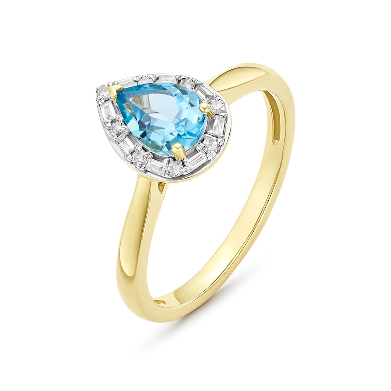 Engagement Ring 9ct Yellow Gold Swiss Blue Topaz & 0.12ct Diamond Pear Shaped Ring, view 2