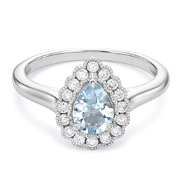 Engagement Ring 9ct White Gold Blue Aquamarine & 0.20ct Diamond Pear Shaped Ring