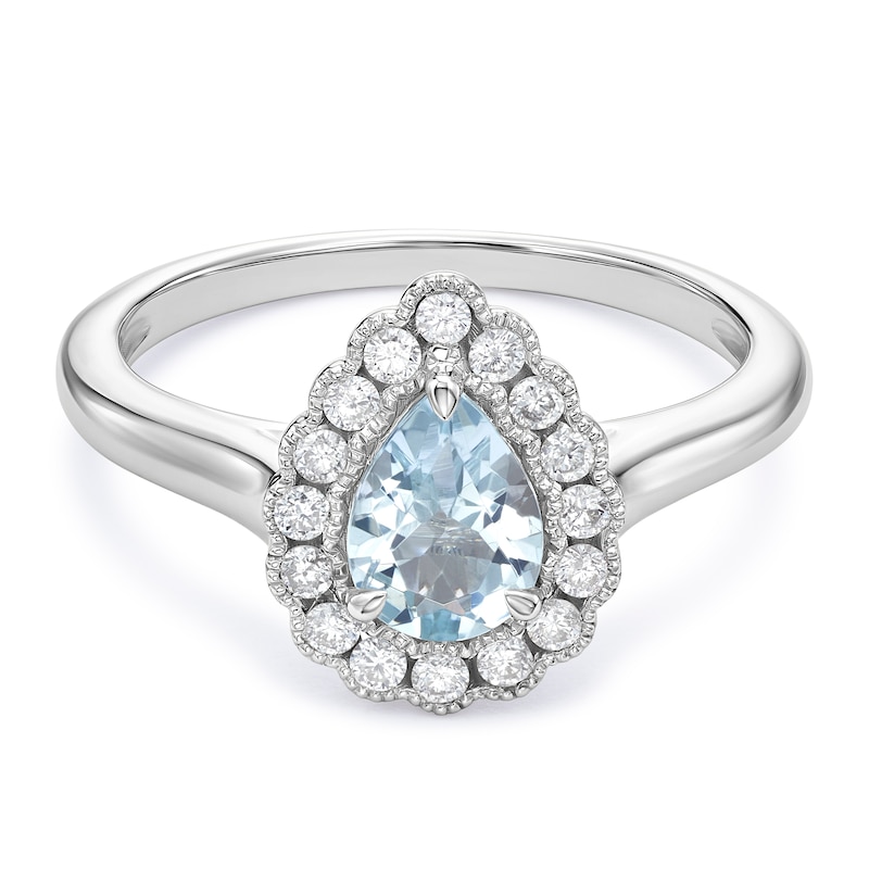 Main Image 1 of Engagement Ring 9ct White Gold Blue Aquamarine & 0.20ct Diamond Pear Shaped Ring