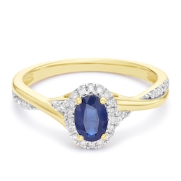 9ct Yellow Gold Blue Sapphire & 0.10ct Diamond Oval Shaped Ring