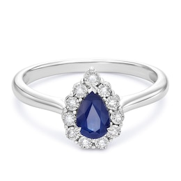 Engagement Ring 9ct White Gold Blue Sapphire & Diamond Pear Shaped Ring