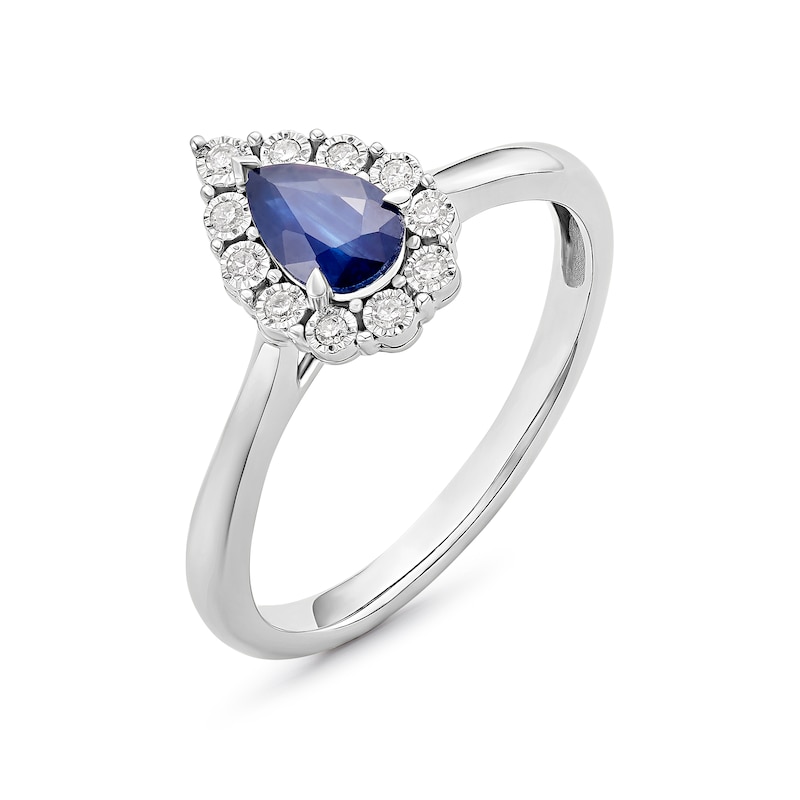 Engagement Ring 9ct White Gold Blue Sapphire & Diamond Pear Shaped Ring, view 2