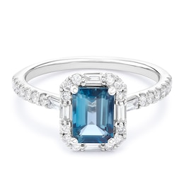 Engagement Ring 9ct White Gold London Blue Topaz & 0.33ct Diamond Octagon Ring