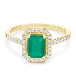 9ct Yellow Gold Green Emerald & 0.25ct Diamond Octagon Shaped Ring