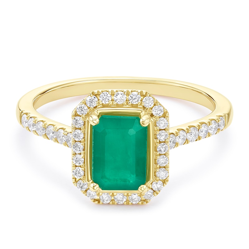 Main Image 1 of 9ct Yellow Gold Green Emerald & 0.25ct Diamond Octagon Shaped Ring