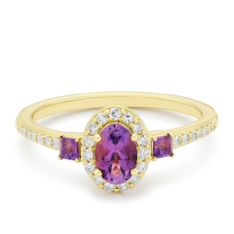 9ct Yellow Gold Amethyst & 0.15ct Diamond Oval Shaped Trilogy Ring