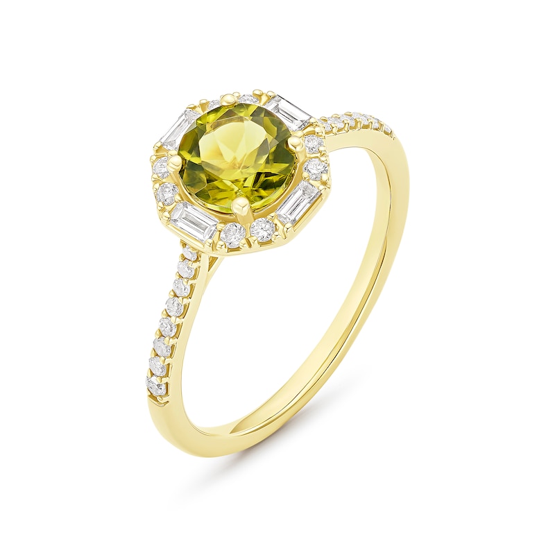 Engagement Ring 9ct Yellow Gold Peridot & 0.25ct Diamond Round Shaped Halo Ring, view 2