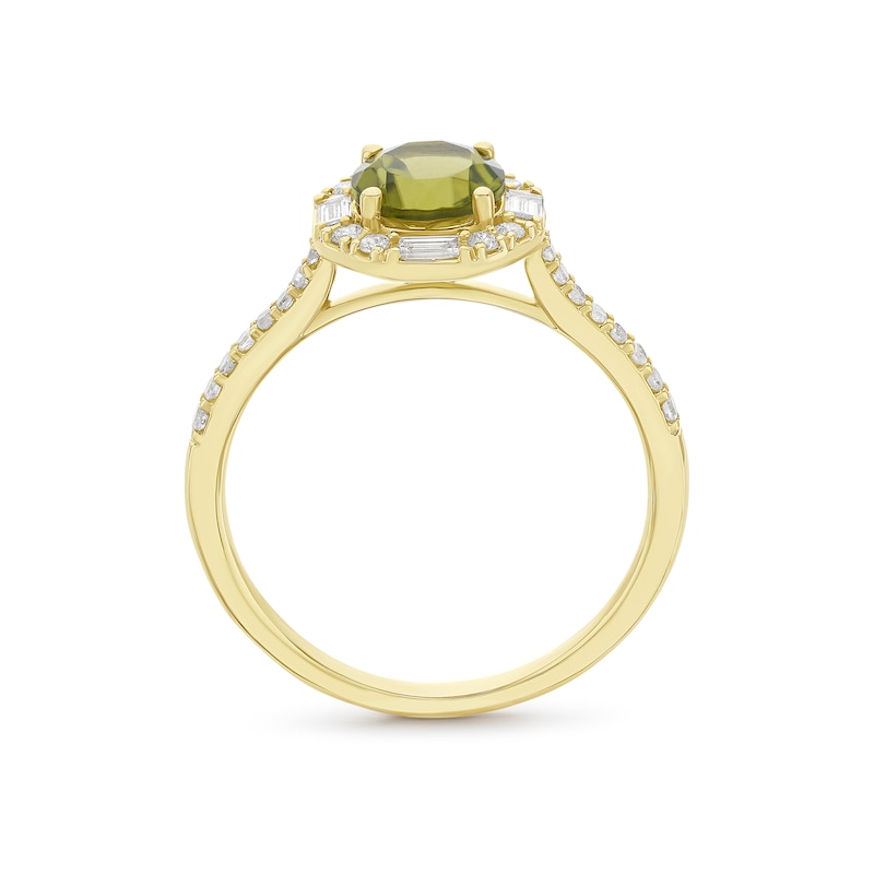 Engagement Ring 9ct Yellow Gold Peridot & 0.25ct Diamond Round Shaped Halo Ring, view 3